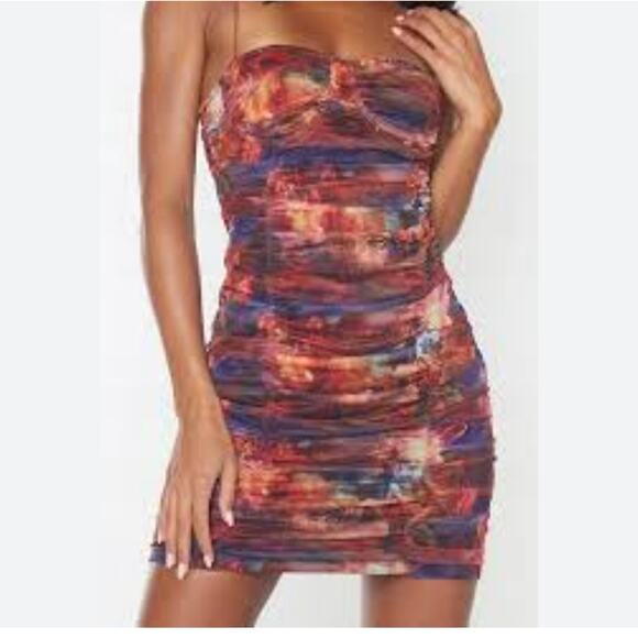 NWT PrettyLittleThing Multi Print Mesh Cup Detail Ruched Bodycon Dress Sz 0 - Picture 2 of 13